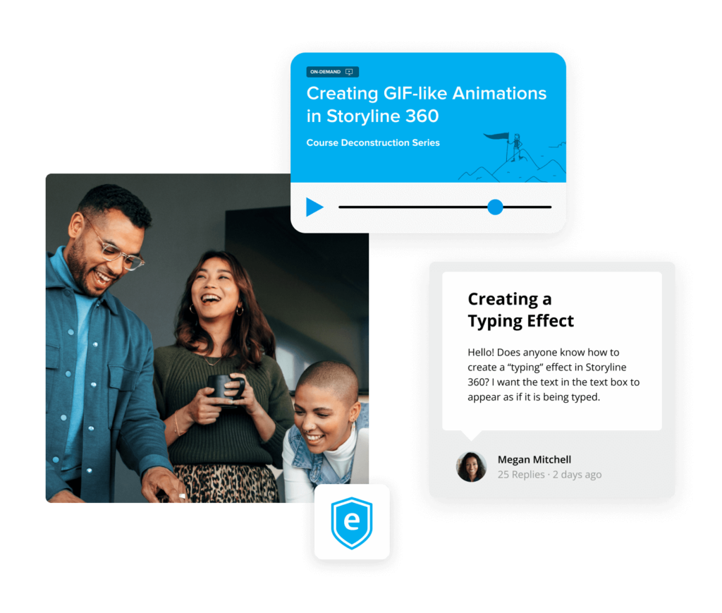3 colleagues laughing together next to a community question about how to create a typing effect with 25 replies and a related training video.