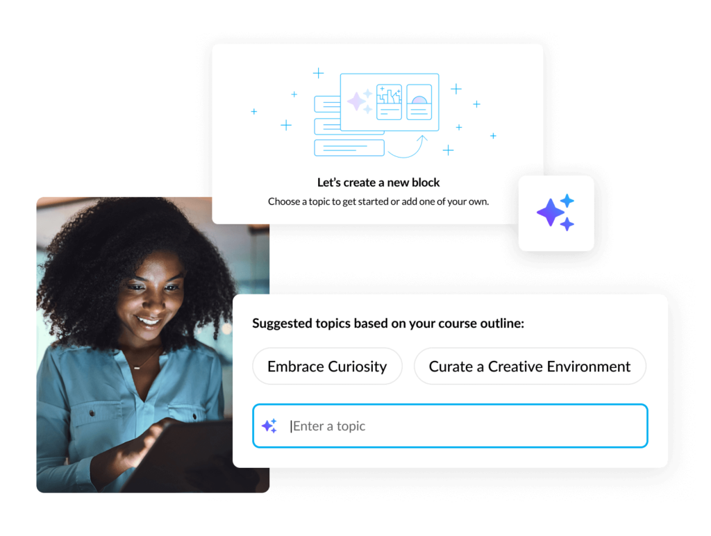A person generates a block based on their course outline using AI. It suggests two topics: Embrace Curiosity or Curate a Creative Environment.