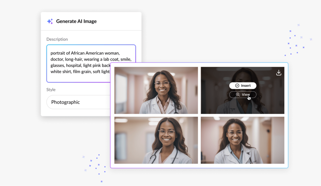 A grid of four AI-generated images in a similar style alongside the description used to generate the images.