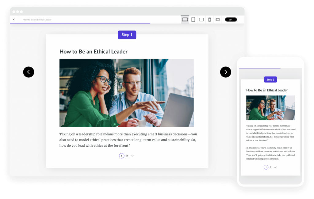 An interactive online course with a process block including a photo and text, displayed in perfect proportion on both desktop and mobile device screens.