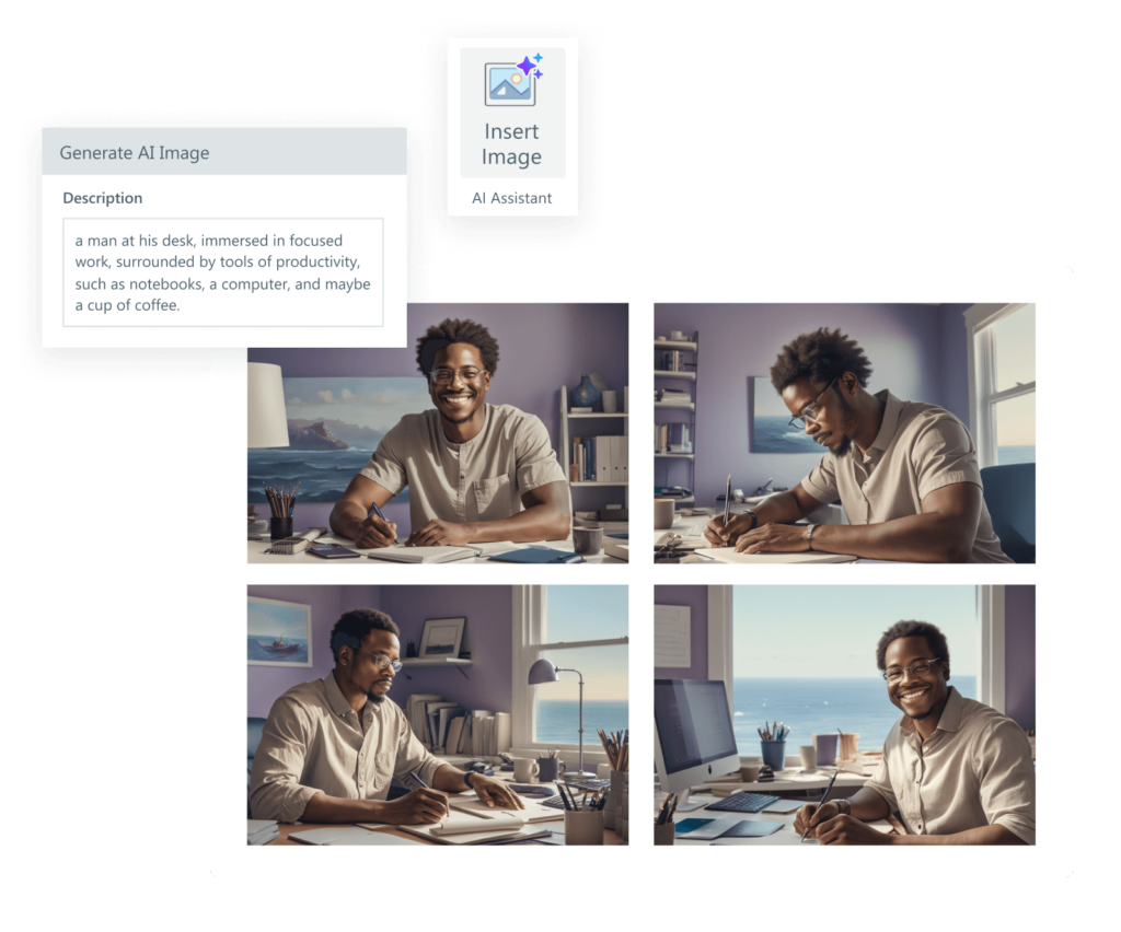 A grid of four AI-generated images in a similar style alongside the description used to generate the images and the button to insert image.